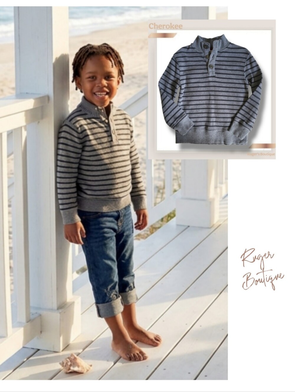 🌿Cherokee Gray Boys Youth Size XS/TP (4/5) Dark Light Gray Striped Sweater